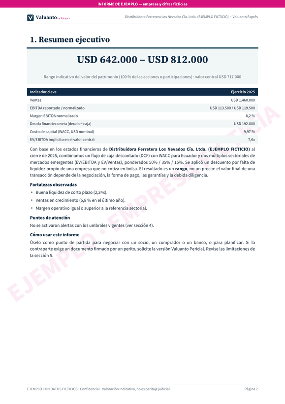Resumen ejecutivo del informe de ejemplo de Ferretera Los Nevados: USD 642.000 a USD 812.000, empresa ficticia